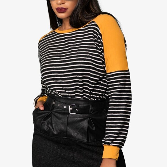 Striped Long Sleeve Top Color Block Pullover Crew Neck - Picture 3 of 5